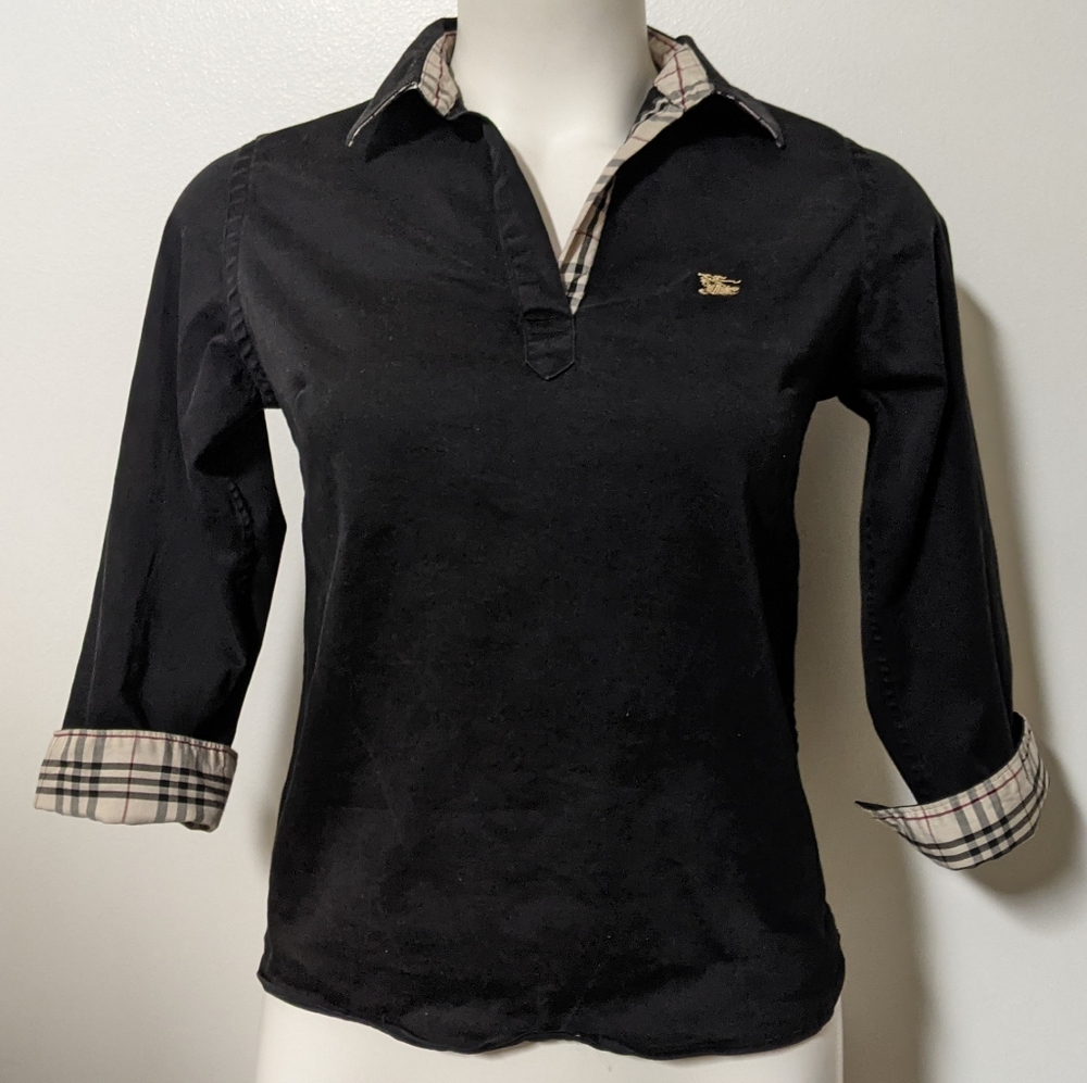 Burberry Polo Shirt Plaid Trim Collar Cuffs Equestrian Embroidery Logo Authentic
